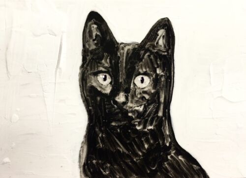 Original ACEO Black Cat Painting Ink Kitten Ooak  Miniature By N.Collins