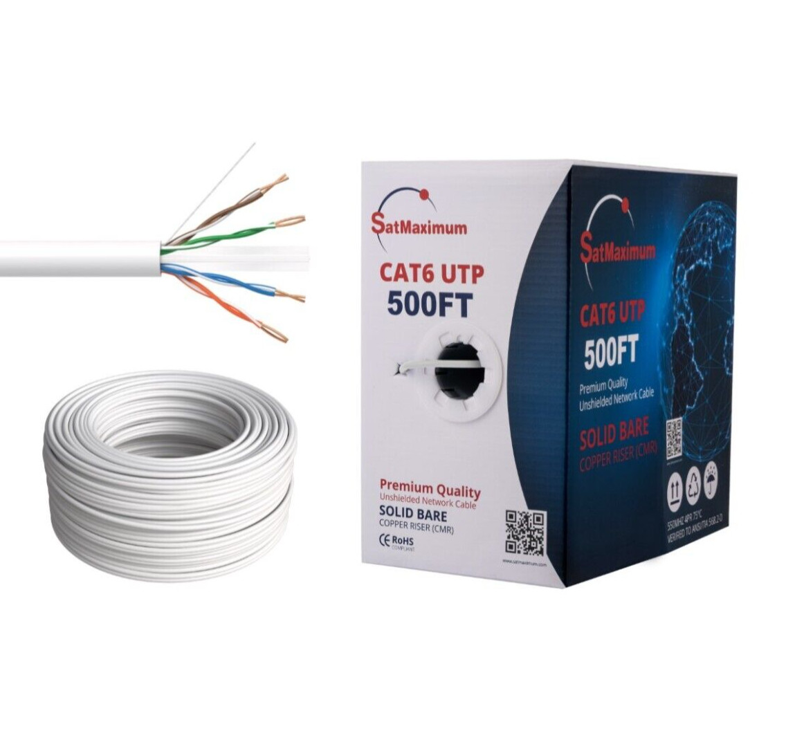 500ft CAT6 CMR Ethernet Cable 23AWG 10Gbps UTP Solid Bare Copper Wire White