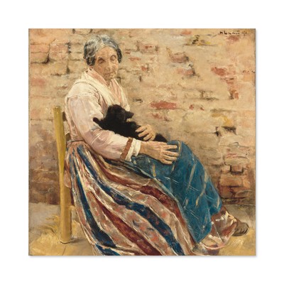 Liebermann Alte Frau mit Katzenstuhl großer Druck 61x61 cm