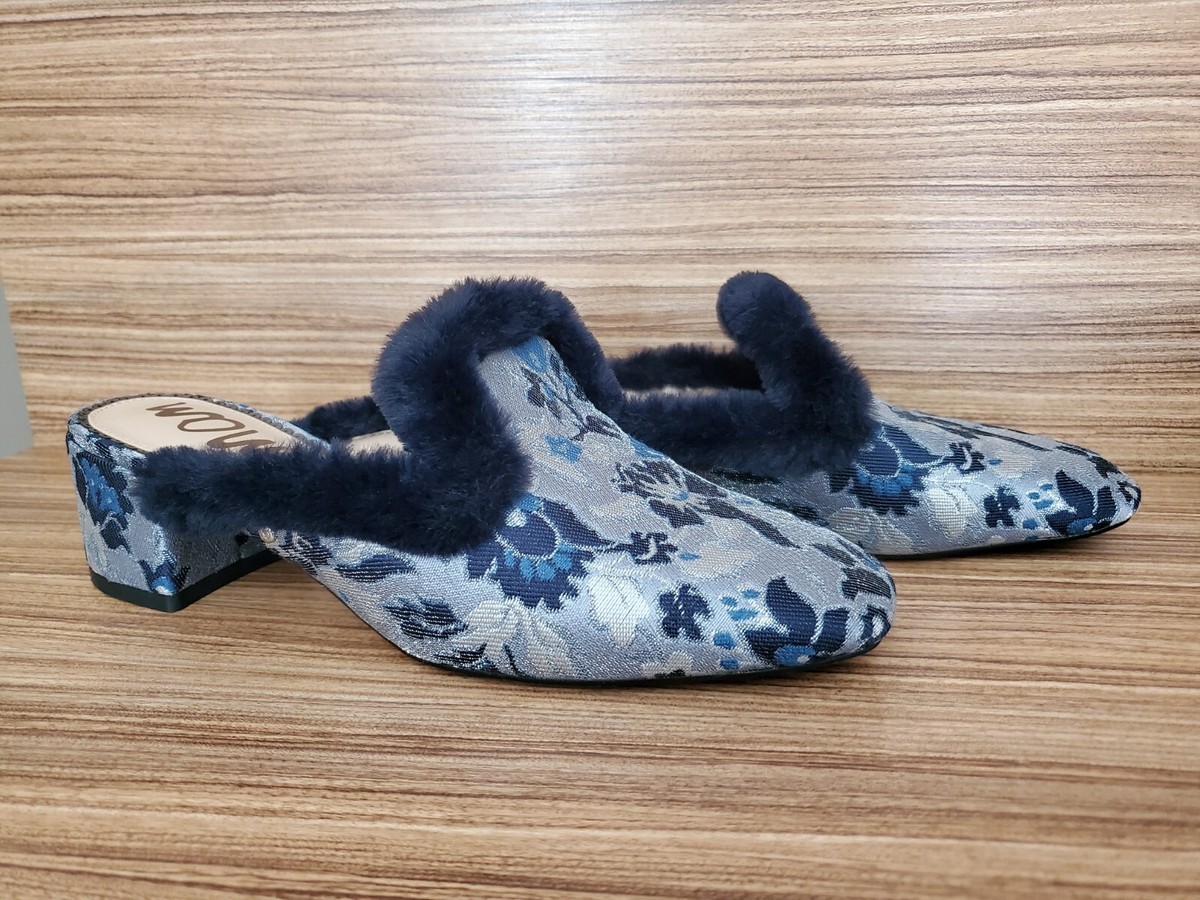 Sam Edelman Adair Faux Fur Floral Jacquard Mules in Blue Size