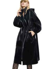 Long Black Warm Oversized Shiny Patent Leather Trench Coat Long Sleeve Zip Up