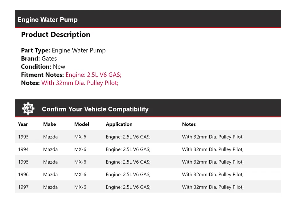 For 1993-1997 Mazda MX-6 2.5L V6 GAS Engine Water Pump Gates 1994 1995 1996 - Image 2 of 4