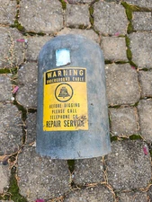 BELL SYSTEM Underground Cable WARNING Metal Domed Cover Orange Sign Vintage