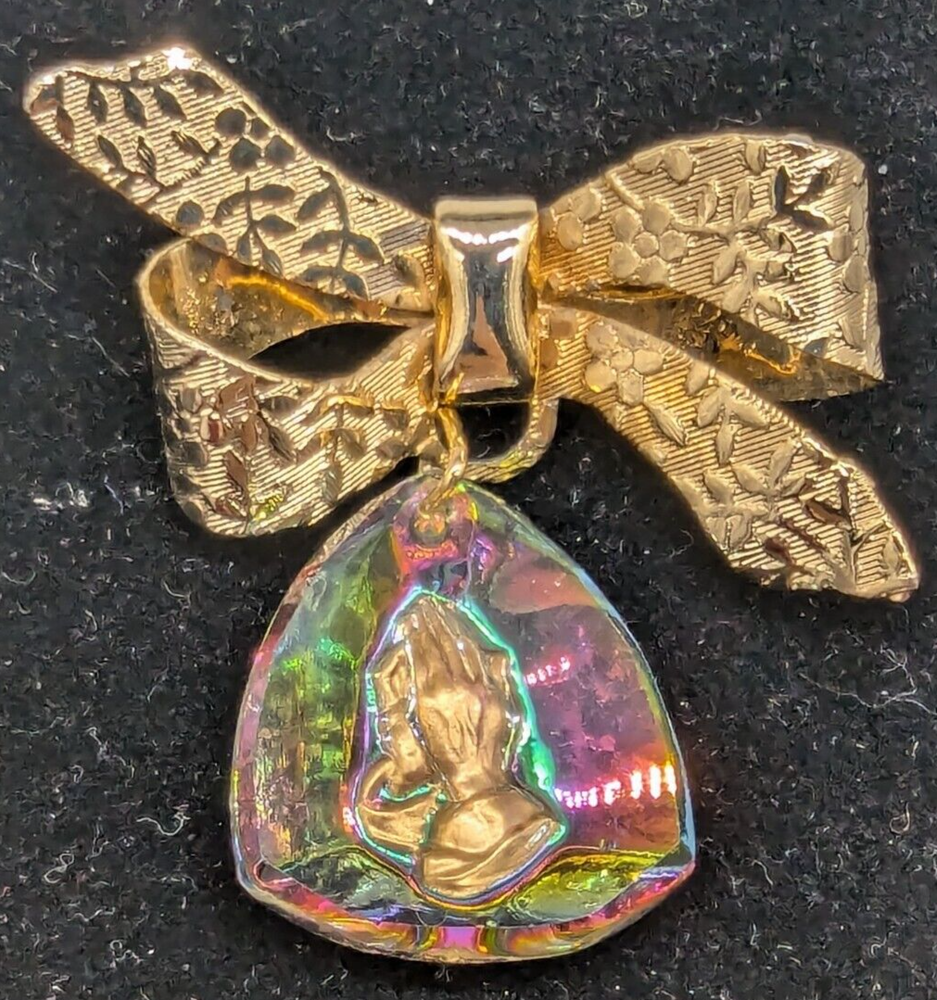 Vintage Aurora Borealis Praying Hands Brooch Pin with Ribbon Bow  