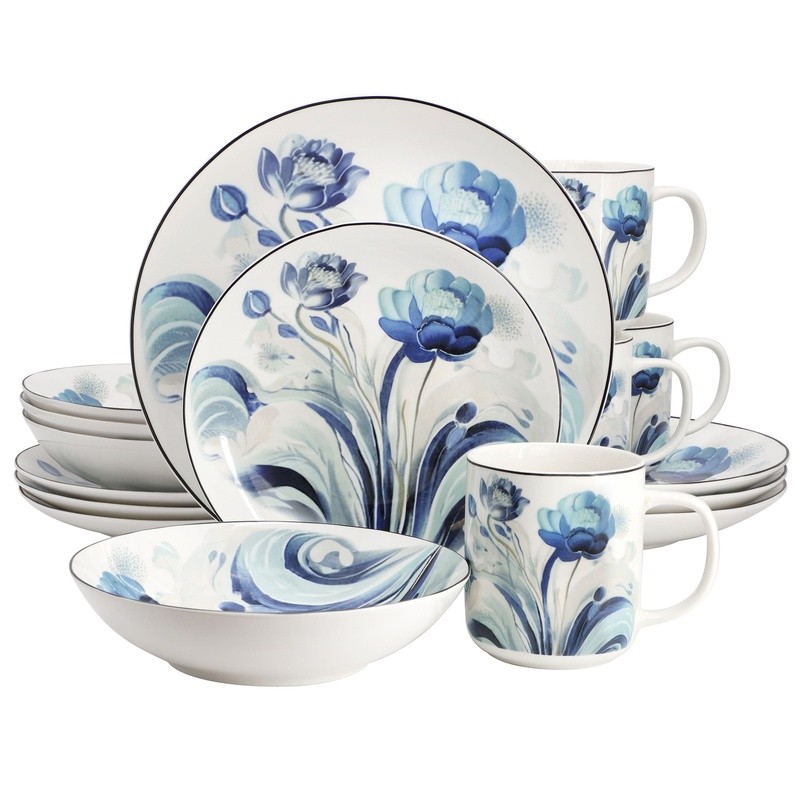 Peony Garden 16pc Porcelain Dinnerware Set Floral Round Dishware Service 4 New