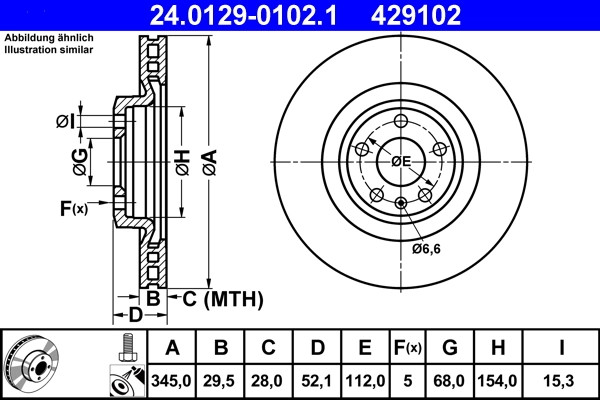 Disque de frein ATE 24.0129-0102.1 ventilé de 320mm pour spécification OE 8K0615301B