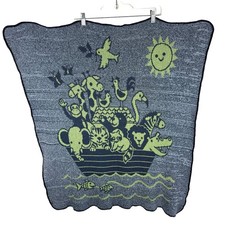 Vintage Noah's Ark Blue Green Tight Knit Square Baby Blanket Made In USA