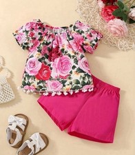 New 2pc Baby Girls Floral Graphic Short Sleeve Tops Shorts