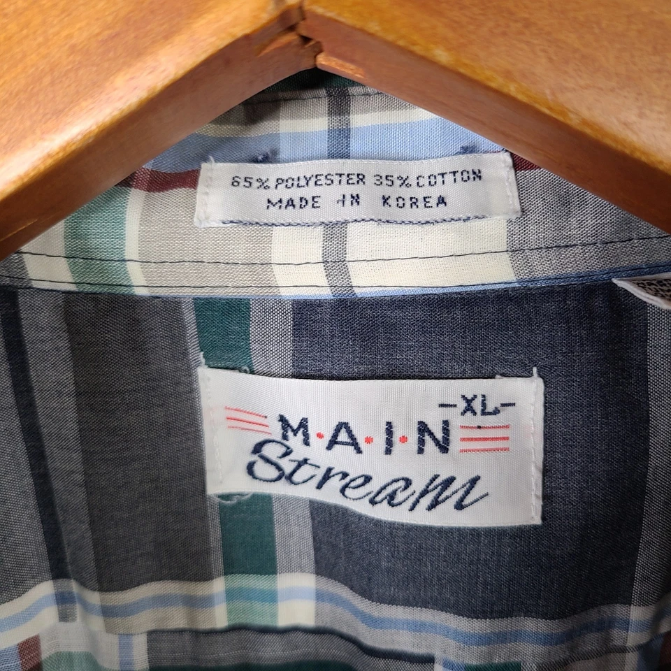 Винтажная мужская рубашка Main Stream XL серая синяя клетчатая с коротким рукавом на пуговицах классическая - Изображение 3 из 4