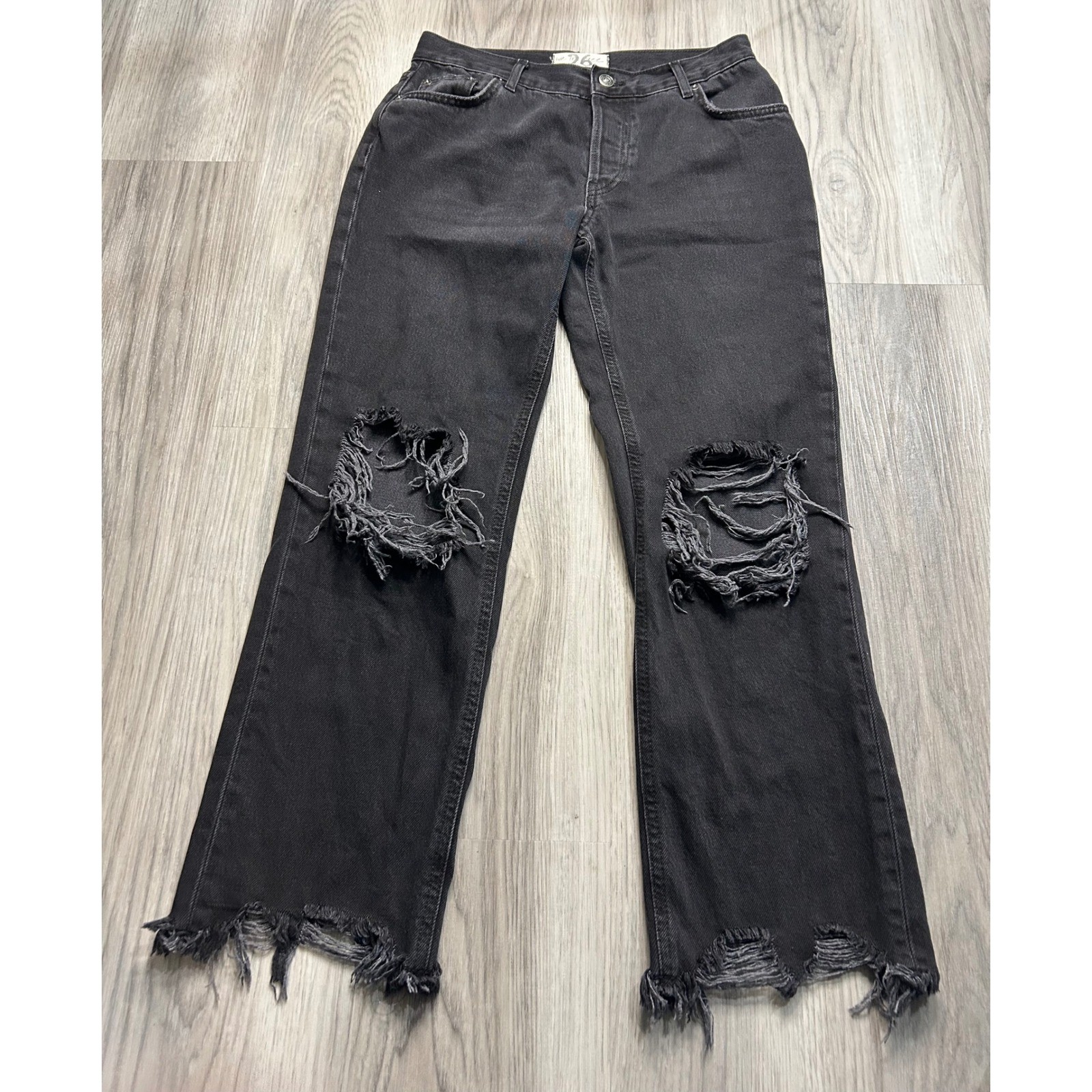 We The Free Black Distressed Flare Jeans Button Fly Ripped Raw Hem Womens 26