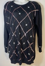 VTG 90s 80s Dana Scott Sweater L Black Beaded Sequin Embellished Top Gran copper