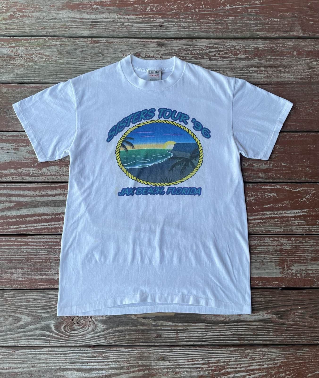 VTG Single Stitch Oneita T-Shirt Mens M White Sisters Tour ‘96 Jax Beach Florida