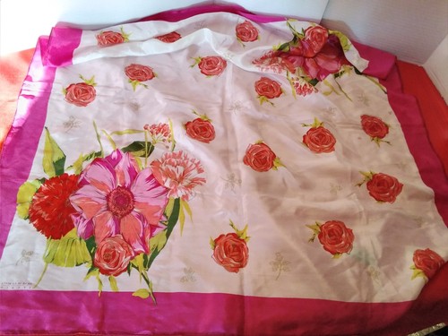 Vintage OSCAR DE LA RENTA Studio Japan Pink Rose Floral Silk Scarf 31" Sq.
