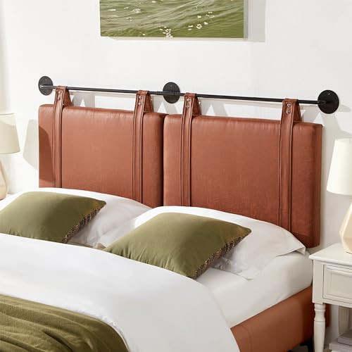 Queen Wall Mount Headboard with Brown Faux Leather Straps & Upholstery