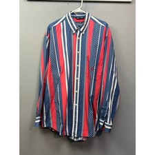 Nautica Mens XL TG Long Sleeve Button Down Shirt Red Blue Stripes Stars Sailboat