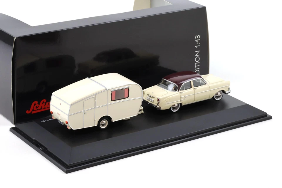 1:43 Schuco Opel Kapitän Avec Dethleffs Globetrotter Caravane Beige/Blanc - Photo 2/3