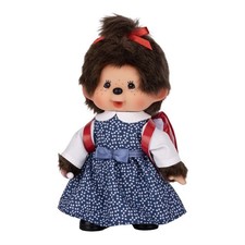 8" Monchhichi Japanese School Girl - in Blue Dress and White Shirt, Brown Eyes