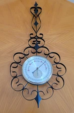 VINTAGE Ornate Metal Barometer & Thermometer 32”x13” Western Germany Wall Art