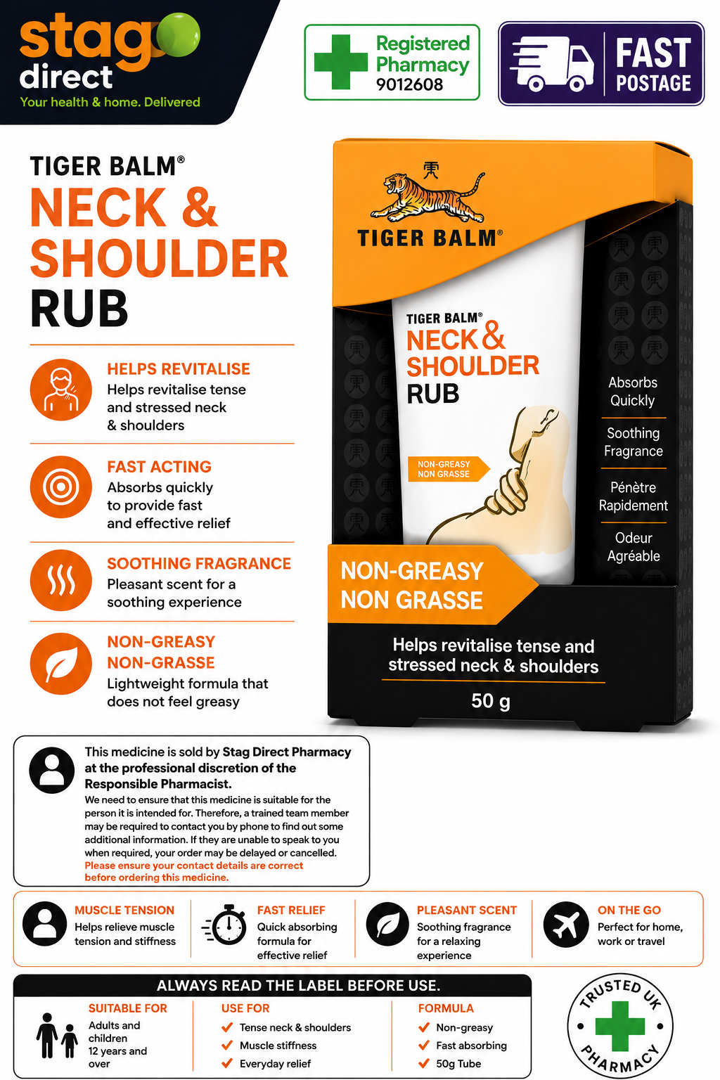 Tiger Balm Neck and Shoulder Rub 50g Soothing Cream for Use Neck Help Revitalise