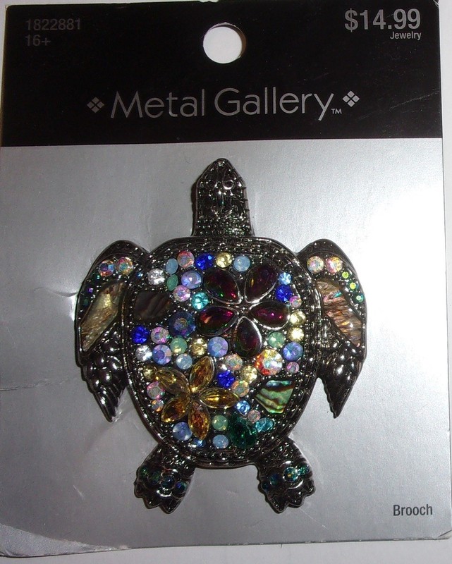 Metal Gallery Jeweled Turtle Brooch Rhinestones Paste Stones Mother of Pearl NEW