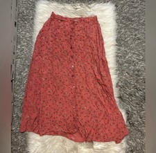 Vintage Coral Floral Print Midi Skirt