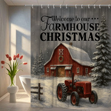 Farmhouse Christmas Shower Curtain - Holiday Decor for Winter