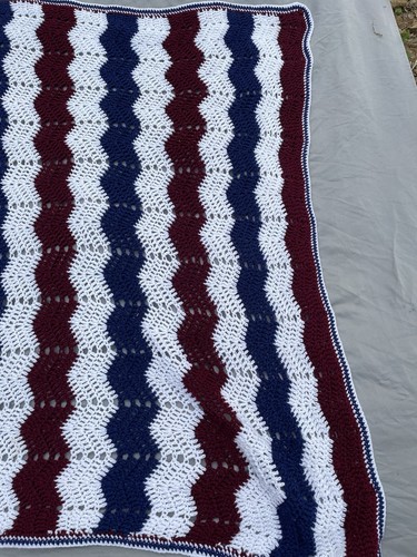 Vintage Hand-Knit Red, White, and Blue Chevron Afghan Blanket | Grannycore Style - Picture 2 of 6