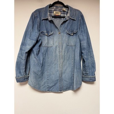G E Schmidt Workwear Womens Denim Shirt Blue Plaid Long Sleeve Button Up Top