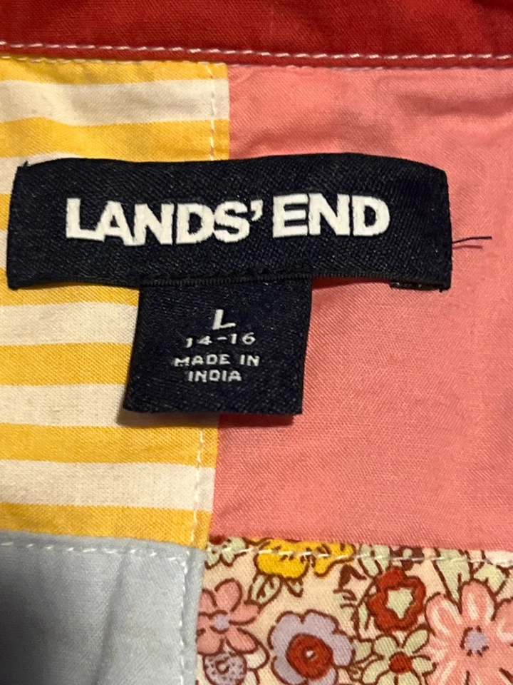 Lands End Patchwork Quilted Shirt Dress With Belt 100% Cotton Multicolor Size L - Image 3 of 4