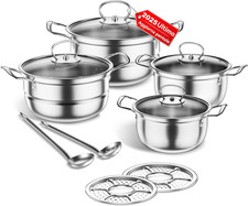 Set Di Pentole in Acciaio Inox, Set Di Pentole Da 12 Pezzi Con Vaporiera E Cucch