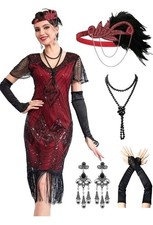 1920s Flapper Dress Great Gatsby Costume Set Red Black Sequined Fringe XXL New