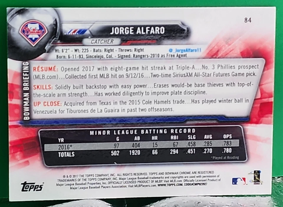 JORGE ALFARO 2020 Topps Archives 2017 Bowman cromo RC automático SP #1/1 Phillies of Foto 2 de 2