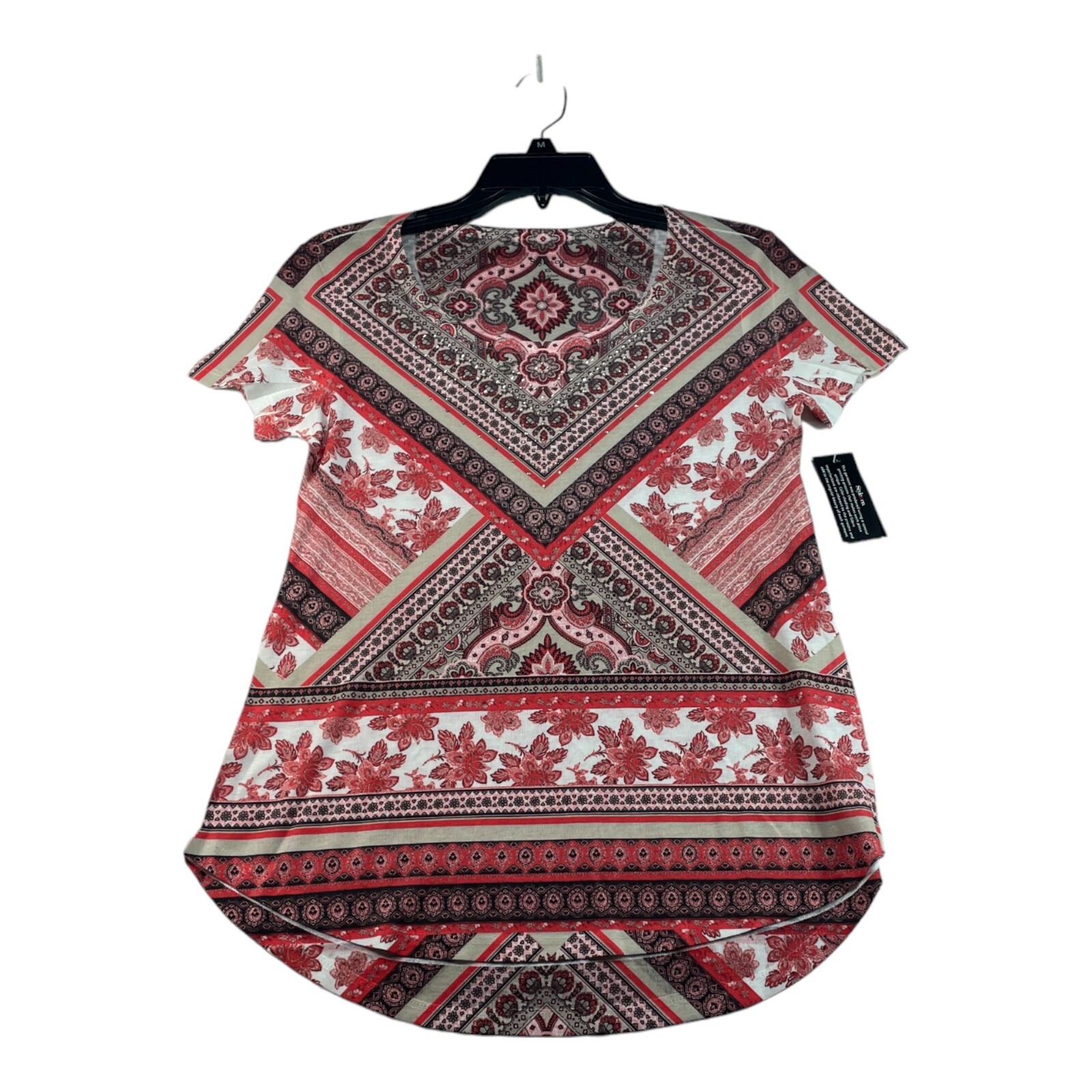 Style and Co Blouse Womens size XS Pink Print Short Sleeve Boho New