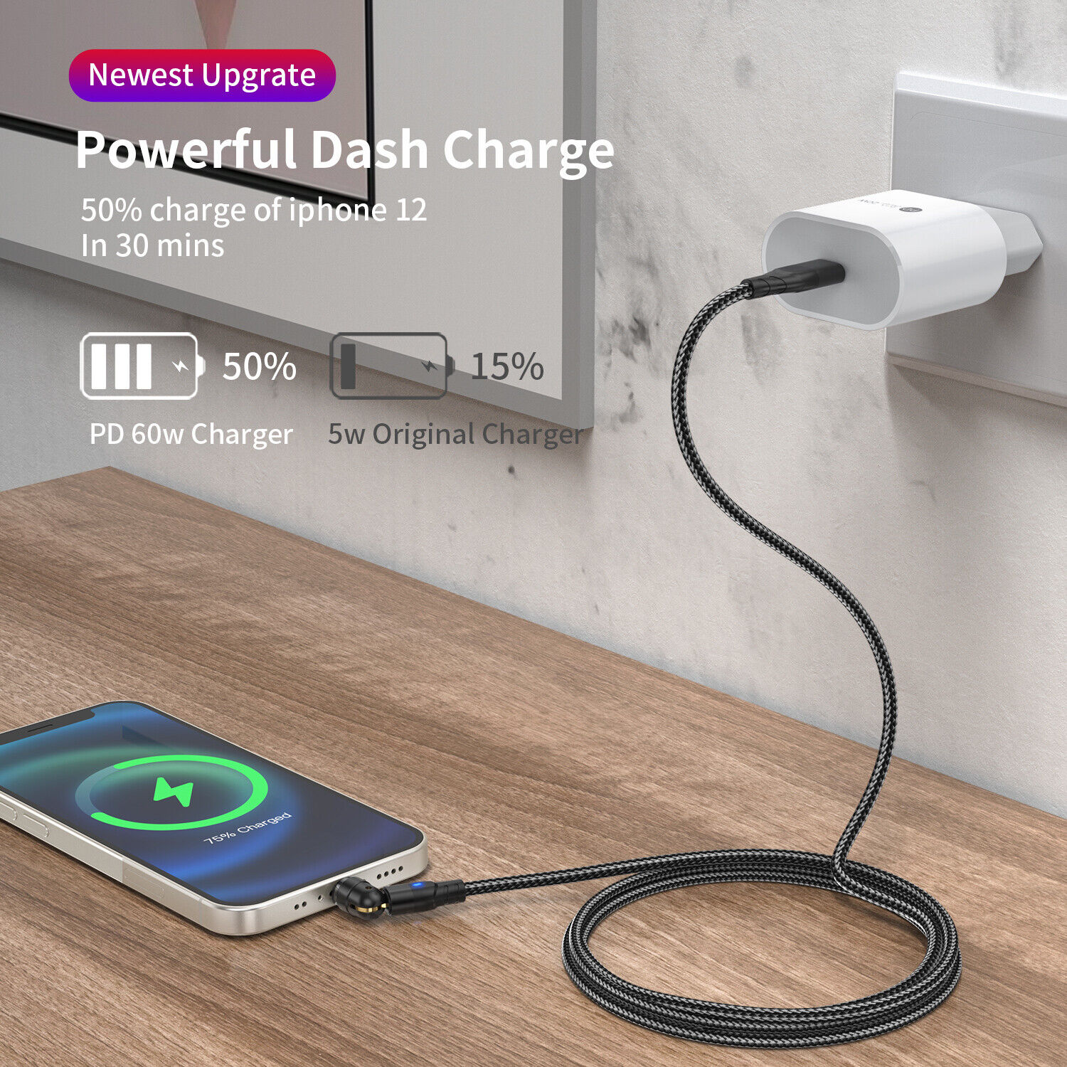 Magnetic Charger Cable Type C to Type C Micro iOS 60W PD Fast Charge Lead Cord - Picture 6 of 27