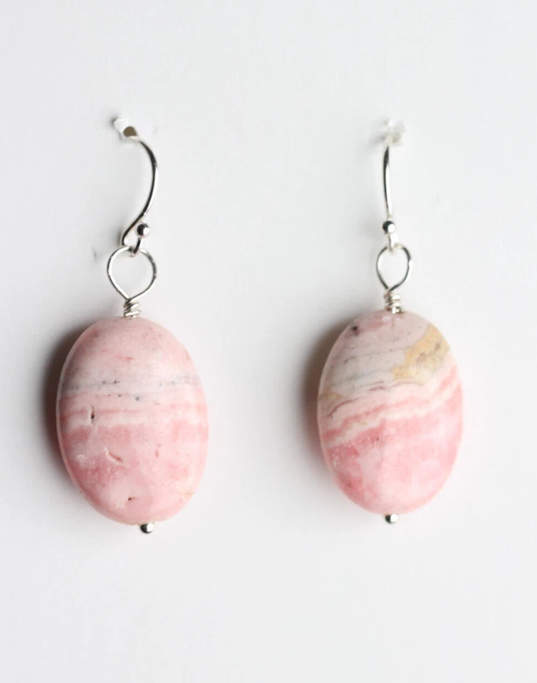 Rhodochrosite Pink 13 x 18mm Oval Gemstone 925 Sterling Silver Earrings 1 1/4" - Imagem 2 de 4