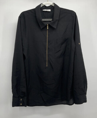 Calvin Klein Zip Front Roll Tab Sleeve Black Sheer Blouse M Popover Officecore