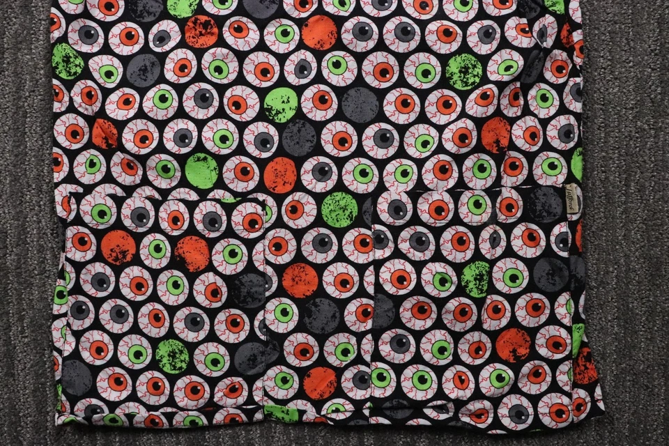 90s Vintage Halloween Women's XS Scrub Top Eyeballs Horror Holidays Black - Image 2 of 4