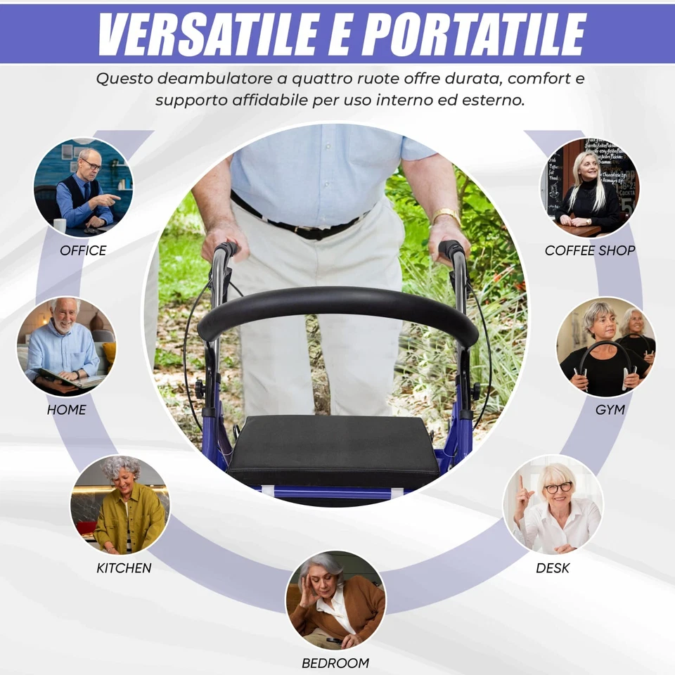 DEAMBULATORE 4 RUOTE, PIEGHEVOLE PER ANZIANI DISABILI CON SEDUTA CESTINO E FRENI - Immagine 4 di 4
