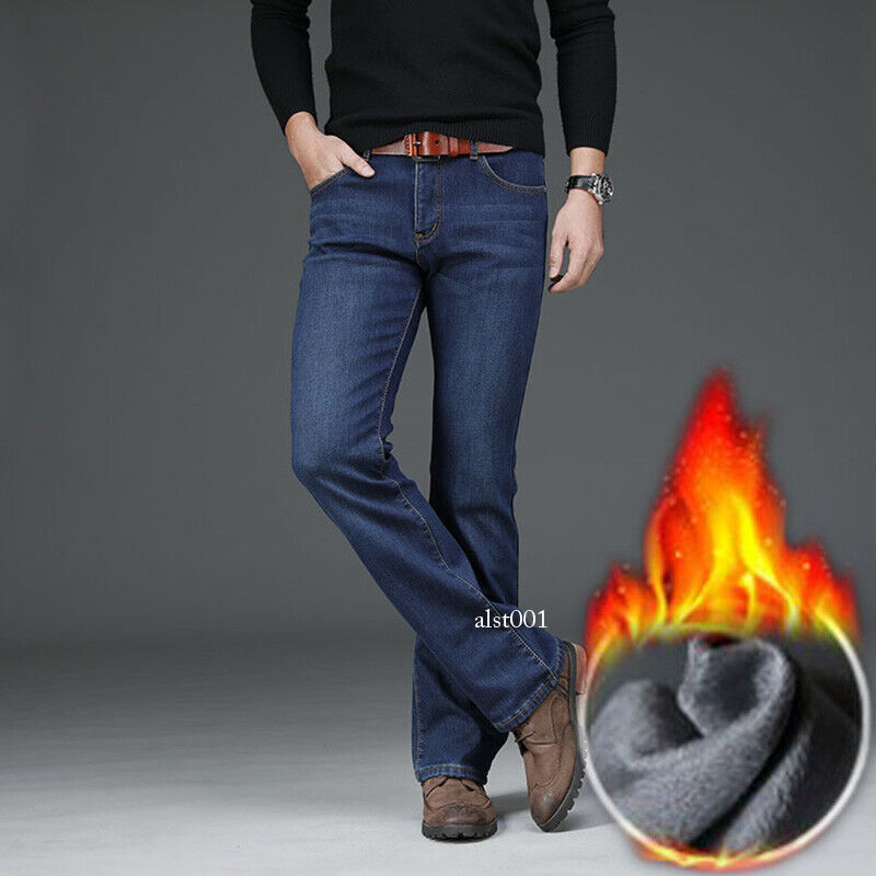 Men Fleece Lined Stretch Denim Pants Bootcut Jeans Trousers Winter Thermal Blue
