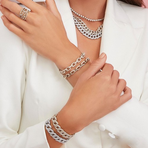 14K White Gold Diamond Paper Clip Bracelet Link Natural 8.49CT Round Cut Pave - Picture 2 of 4