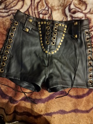 Black Gold Leather Corset Lace Up Metal Stud High Waist Hotpants Shorts UK  UK