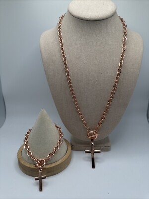 Rose Gold Tone Toggle Religious Cross Charm Necklace & Bracelet Set