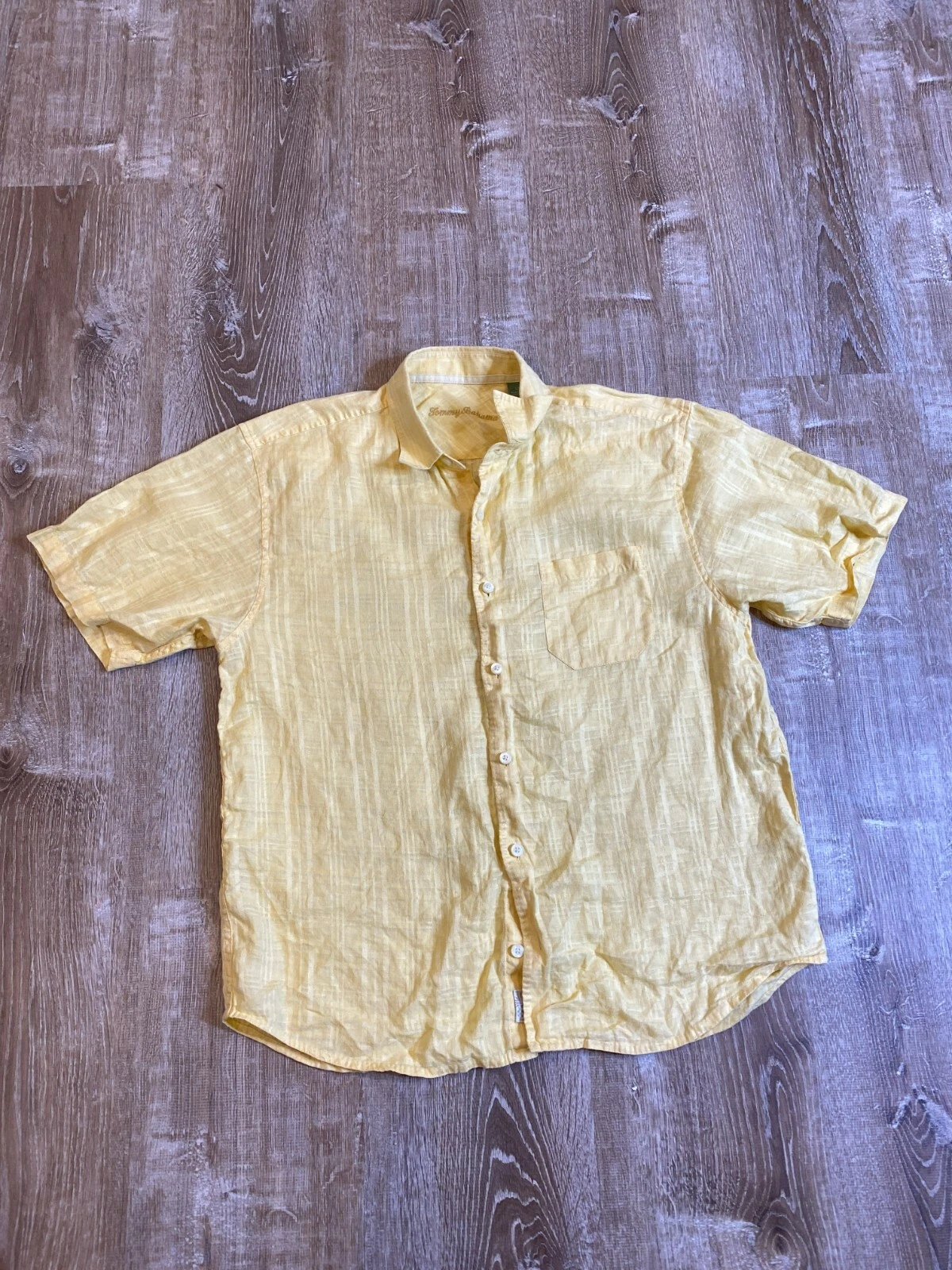 Tommy Bahama Mens100% Linen Yellow Textured Plaid Button Down Hawaiian Shirt L