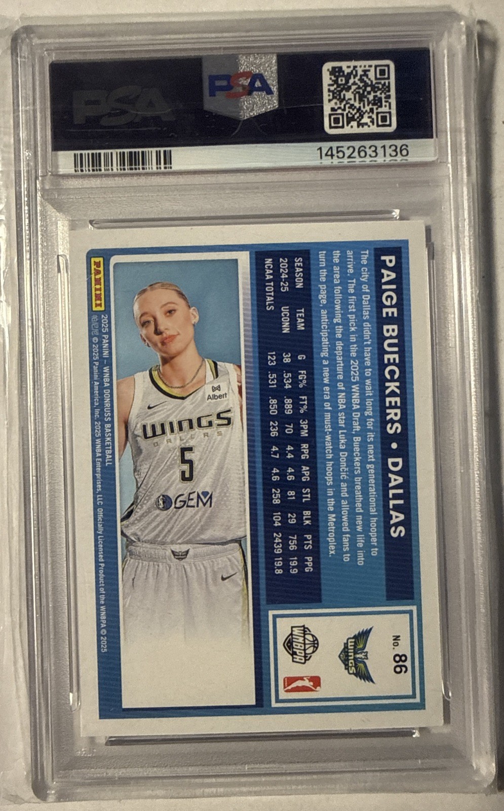 2025 Donruss WNBA Paige Bueckers 86 Rated Rookie RC PSA 10 GEM MINT Dallas Wings view 2