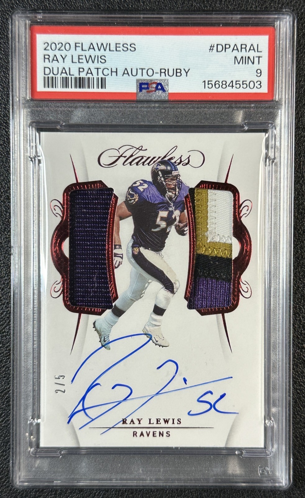 RAY LEWIS PSA 9 2020 PANINI FLAWLESS #DPA-RAL DUAL PATCH AUTO RUBY 2/5 RAVENS