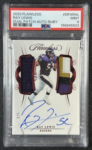 RAY LEWIS PSA 9 2020 PANINI FLAWLESS #DPA-RAL DUAL PATCH AUTO RUBY 2/5 RAVENS