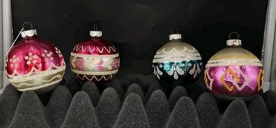 Vintage Shiny Brite 2.5'' Tall Ornaments Set Of 4 Silver Pink Blue Mica Glitter
