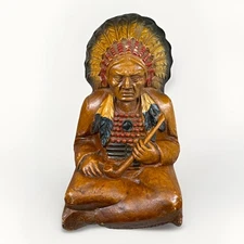 Vintage Burwood Native American Indian Chief Sitting w/ Peace Pipe Wood Figurine
