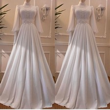 High Neck Muslim Wedding Dresses Long Sleeve Applique Buttons Back Bridal Gowns