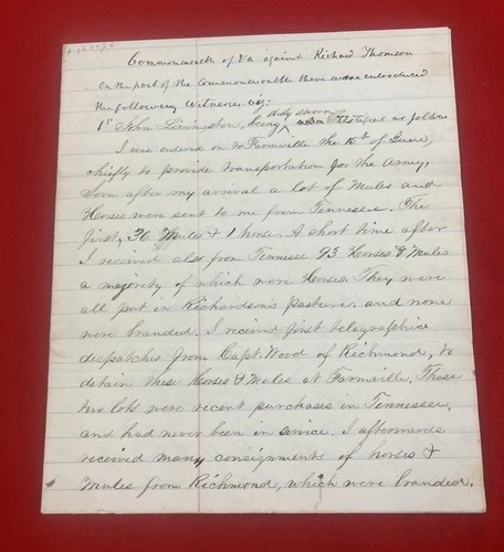 Civil War Confederate Document Theft of Army Horses Colored Man Prisoner Va.
